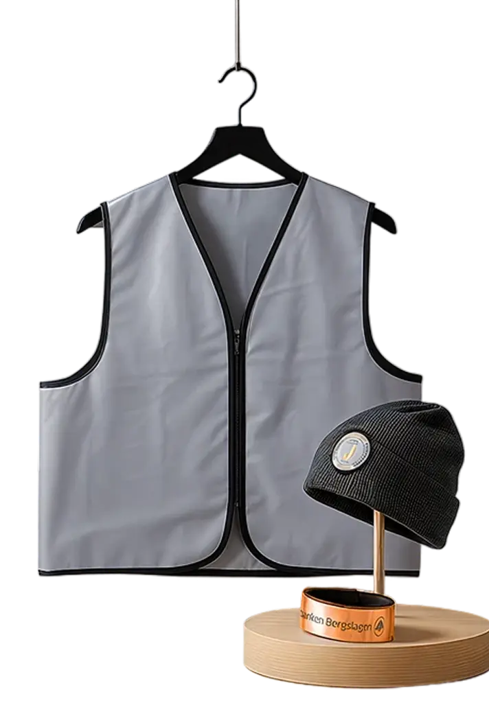 M&auml;rkt reflexv&auml;st p&aring; galge, svart m&ouml;ssa och orange reflexarmband.