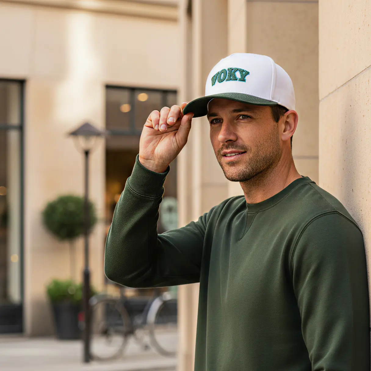 Man h&aring;ller i sk&auml;rmen p&aring; en vit Voky-keps utomhus.