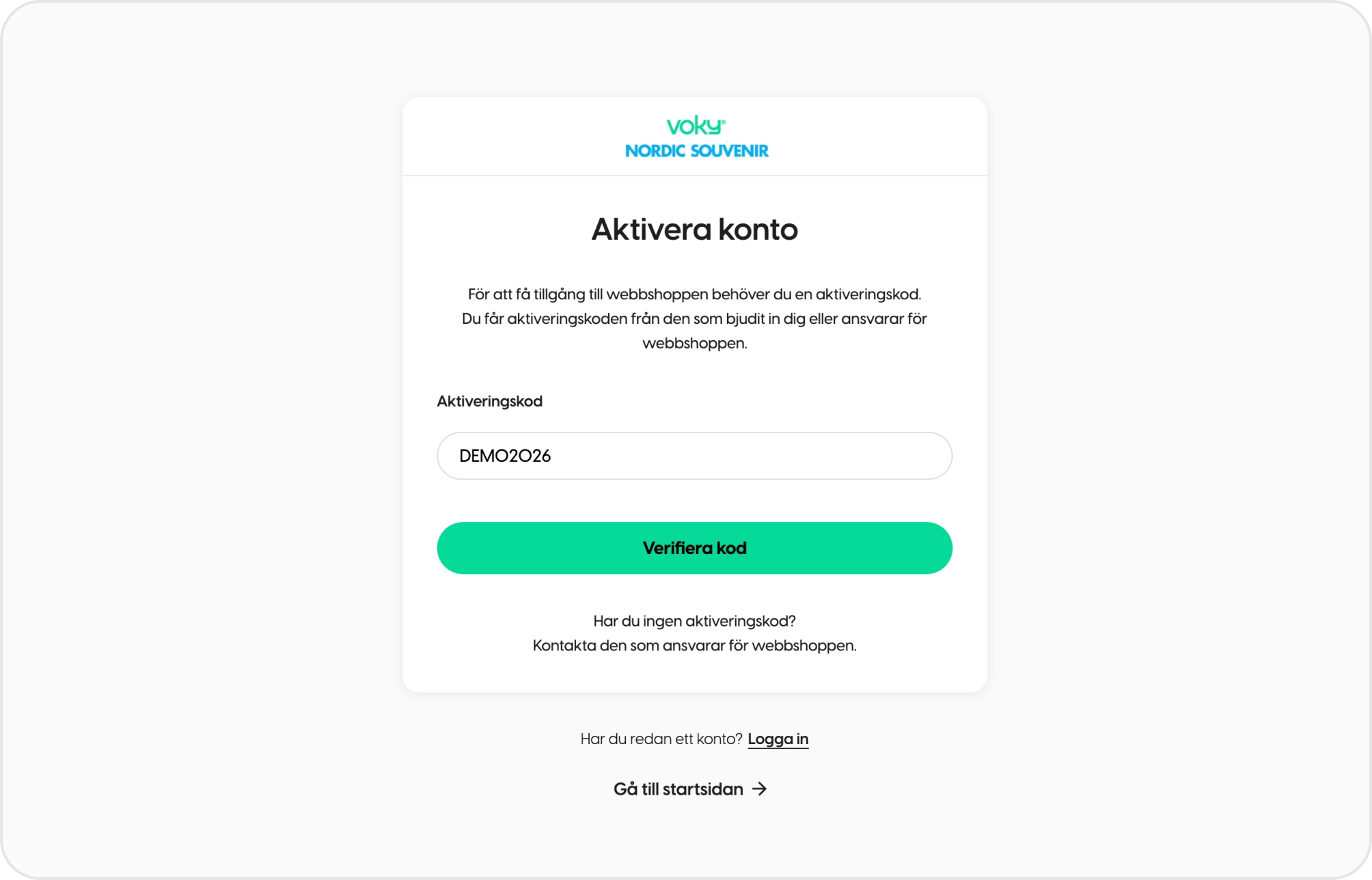 Aktivera konto-sidan i en webbshop d&auml;r en ny best&auml;llare fyller i sin aktiveringskod.