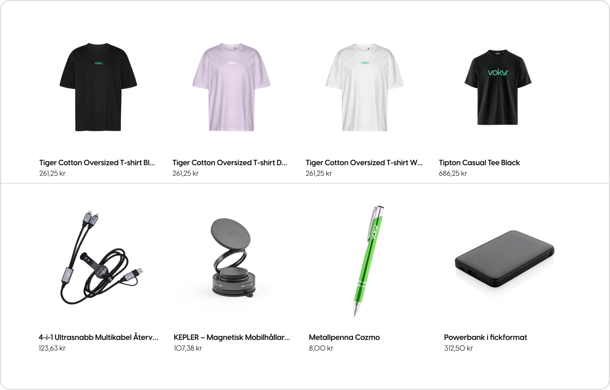 Produktrader ur tv&aring; delar av sortimentet i samma webbshop, kl&auml;der &ouml;verst och merch under.